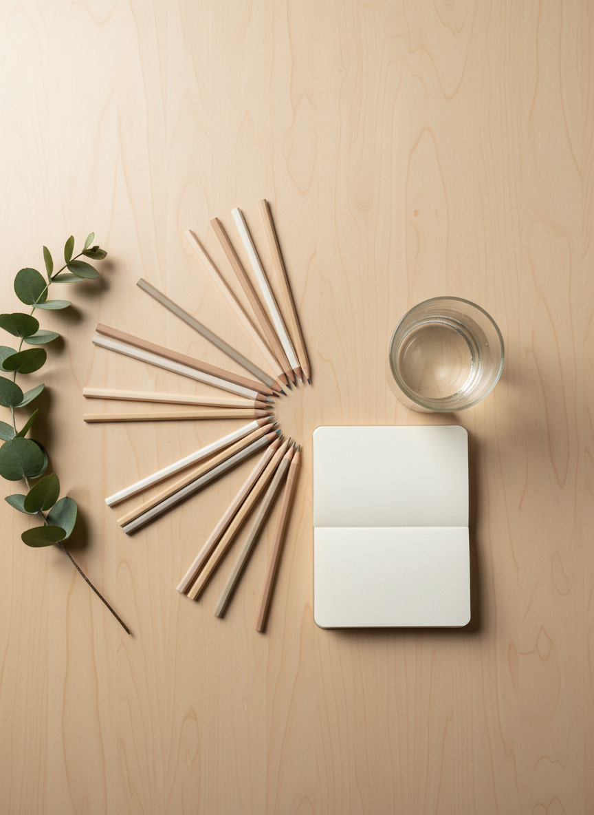 A meticulously arranged flat lay of smooth, neutral-colored art pencils, a small sketch pad, and an elegant glass jar with water, set upon a sleek, pale wooden table. The surface is immaculate and free of clutter, bordered by a sprig of green foliage for a natural touch. Soft studio lighting evenly brightens the objects, creating minimalist highlights and faint, organized shadows. The mood is contemplative and warm, visually suggesting space for creativity and planning. Shot directly overhead for a structured, symmetrical composition, this photographic image employs clean lines and a balanced layout, reflecting the thoughtful, professional energy of a counselling environment that values art and autonomy.