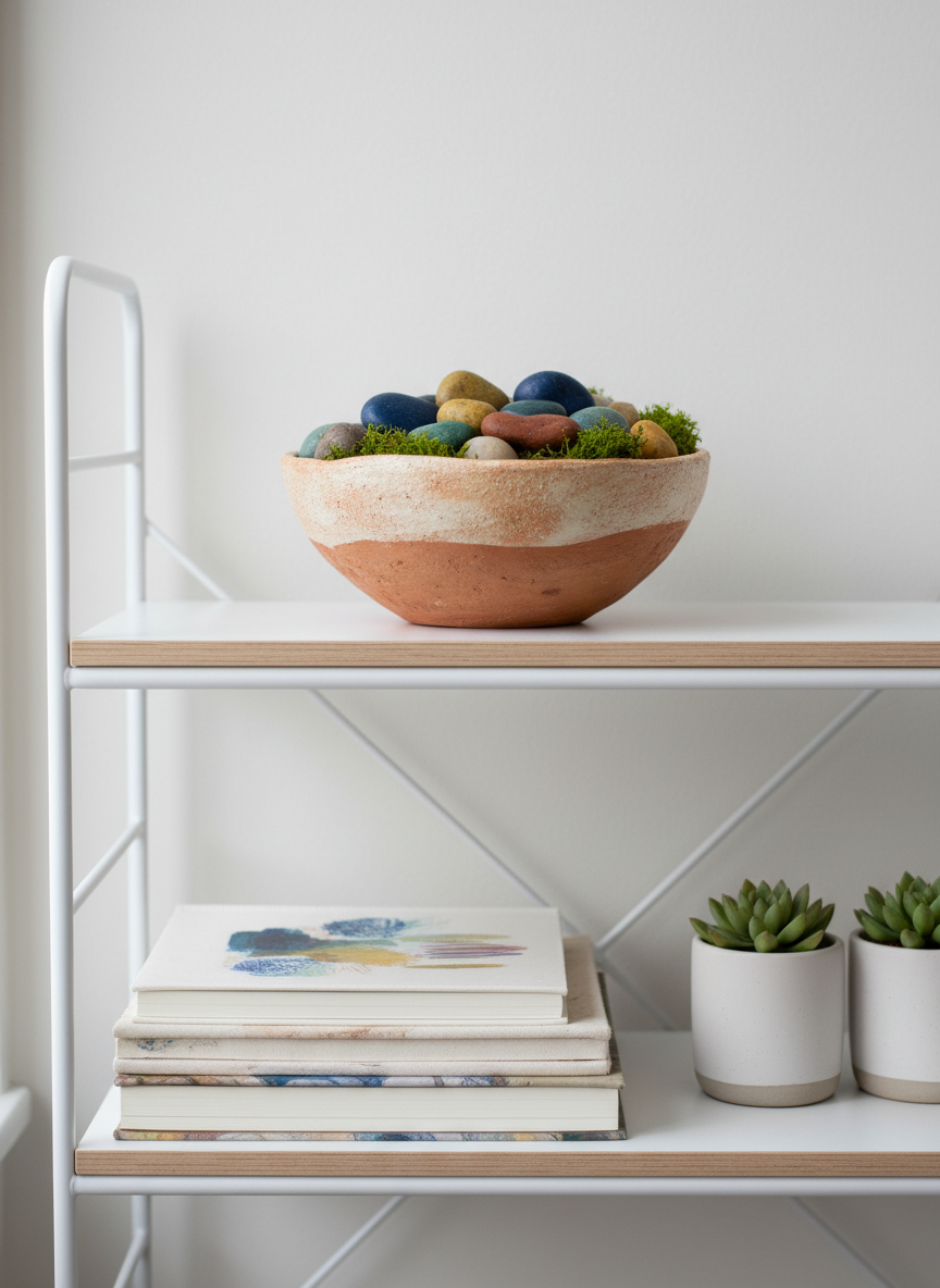 An inviting vignette of a handmade clay bowl filled with colorful polished pebbles and delicate moss, placed on a minimalist shelving unit with neatly stacked art journals and neutral-toned ceramic planters. The bowl’s earthy tones and tactile surface contrast gently against the structured, modern shelving. Diffused soft daylight fills the space, creating even, soothing illumination and gentle gradients of shadow. The overall mood is serene and creative, encouraging exploration and comfort. Captured at eye level with a balanced, centered framing, the image leverages clean, neutral color palettes and a corporate yet approachable photographic realism, ideal for counselling services with a focus on creativity and self-expression.