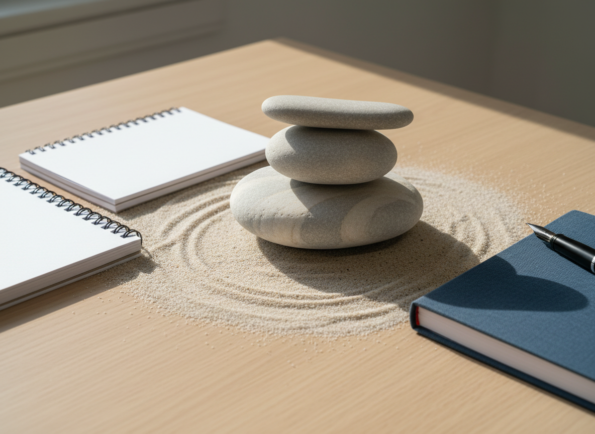 A tranquil still life showcasing stones arranged in deliberate balance atop a lightly textured sand surface, with a single smooth river stone accented by soft shades of grey and beige. The composition is set on a modern wooden desk, surrounded by clean white notepads and a neatly closed sketchbook, evoking a working space infused with mindfulness. Calm, natural daylight streams in from an unseen source, casting subtle highlights on the stones and creating gentle shadows that add structure. The mood is peaceful and professional, encouraging self-reflection and clarity. Photographed from a slightly elevated angle with sharp definition throughout, the layout employs clean lines, balanced composition, and a photographic realism that suits a calm, approachable counselling website.